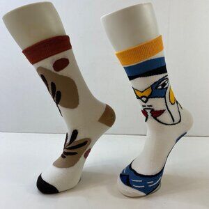 Womens Crew Socks Set 2 Abstract Art Leaf Pattern White Brown Blue Yellow Black